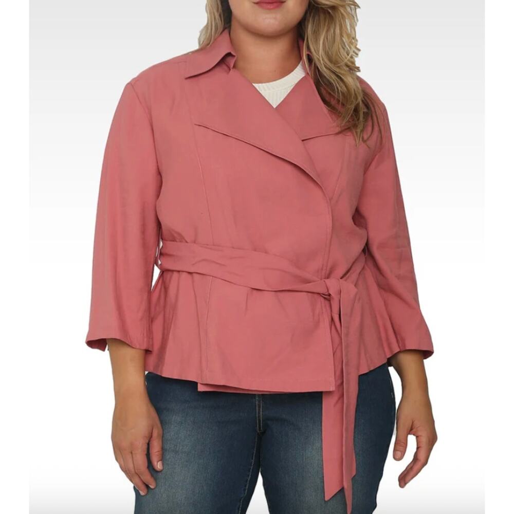 Standards & Practices Vanessa Cropped Quarter Sleeve Wrap Trench Jacket Pink 3X